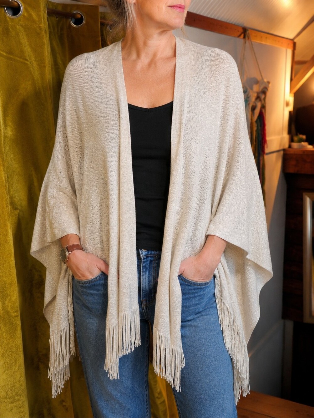 Cejon Gold And Cream Knit Shawl Wrap Fringe | One Size | Neutral Beige